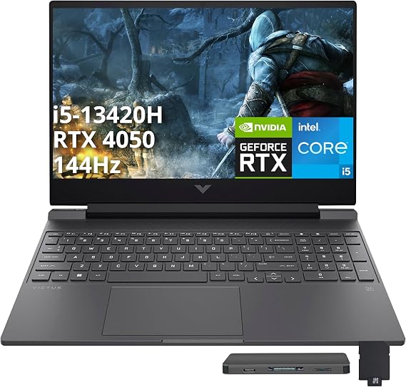 HP Victus 15.6" 144Hz FHD Gaming Laptop, Intel i5-13420H, 32GB RAM, 2TB PCIe SSD, NVIDIA GeForce RTX 4050, Backlit Keyboard, WiFi 6, Windows 11 Pro, Mica Silver, 1TB Docking Station Set