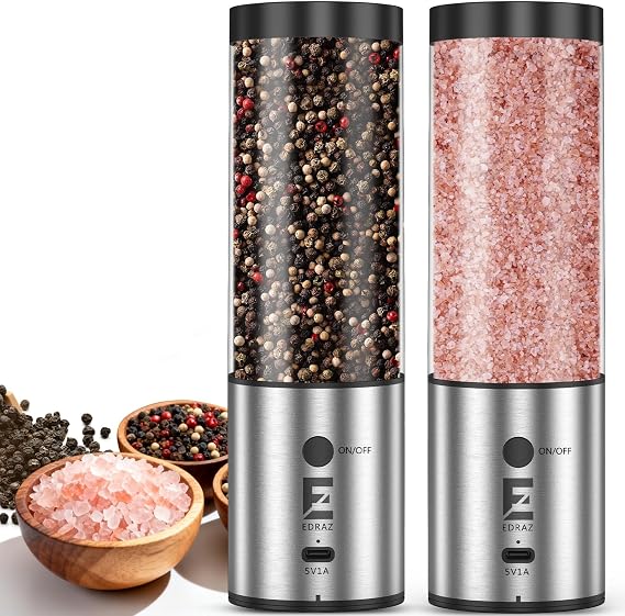 Electric Salt & Pepper Grinder Set One - Handed Automatic Pepper Mill with LED Light Adjustable Coarseness Large - Capacity Refillable Mill Durable Ceramic Core Battery Powered Seasoning Grinder