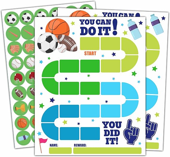 10 Sports Reward Chart with 216 Round Stickers, Incentive Behavior Chart for Kids at Home Classroom, Kids Routine Daily Chore Sticker Chart-A14
