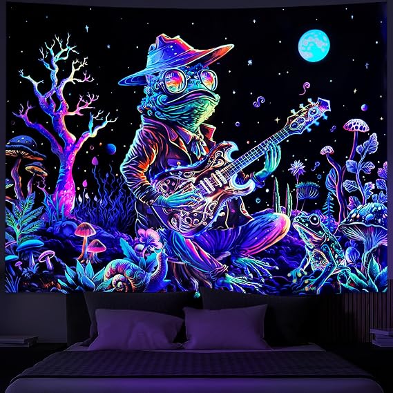 Galoker Blacklight Frog Tapestry Fantasy Neon Mushroom Tapestries UV Reactive Plant Floral Wall Tapestry Galaxy Space Tapestries Wall Hanging for Home Decor(H51.2W59.1 inches)