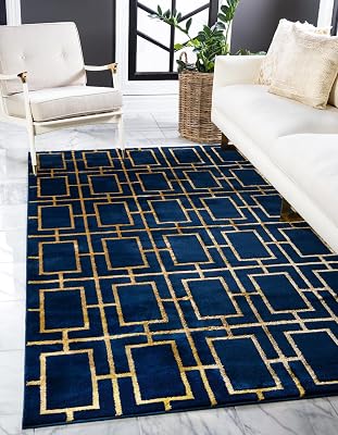 Glam Trellis Collection Rug 7 x 10 Navy Blue Gold Medium Rug Perfect for Bedrooms, Dining Rooms, Living Rooms