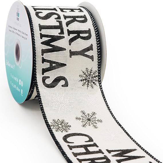 Ivory Faux Jute Merry Christmas Wired Ribbon 2.5 Inch x 10 Yards Ivory/Black for Christmas Home Decor Tree Topper Bow Gift Wrapping DIY Crafts Wreath Garland