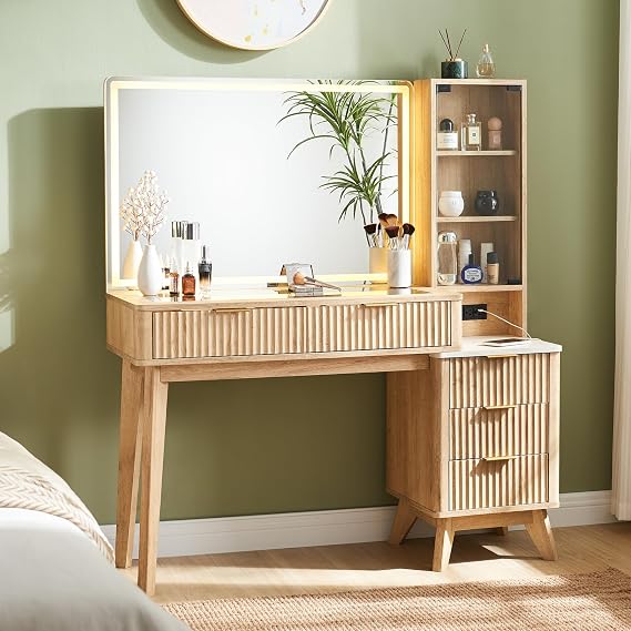 T4TREAM Makeup Vanity Desk with Large Mirror and Lights, 48" Glass Top Vanity Table with 5 Drawers & Adjustable Shelves, Dressing Table Set with Charging Station for Bedroom, Pressing Glass Door, Oak
