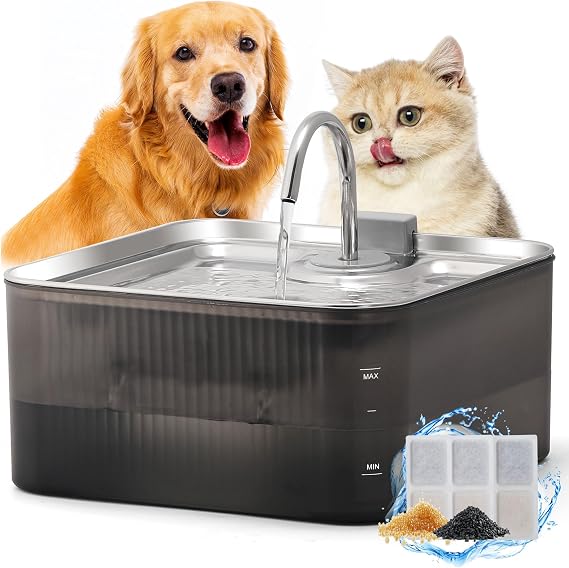 FUKUMARU Dog Water Fountain - 7L Ultra Quiet Pump (28.5dB) & 4-Stage Filter System Stainless Steel & ABS Kitty Water Fountains for Multi-Cat/Dog Homes, with 3 Filters