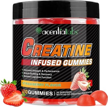 Creatine Monohydrate Gummies for Men & Women, 5g Creatine Monohydrate for Muscle Strength, Muscle Builder, Energy Boost, Pre-Workout Supplement, Natural Strawberry Flavor, Sugar-Free 120 Count