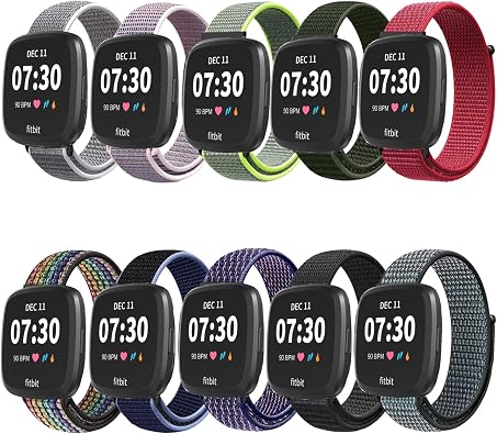 10 Packs Nylon Band Compatible with Fitbit Versa 2/Versa/Versa Lite/Versa SE for Women Men, Adjustable Sport Stretchy Braided Solo Loop Strap for Fitbit Versa 2