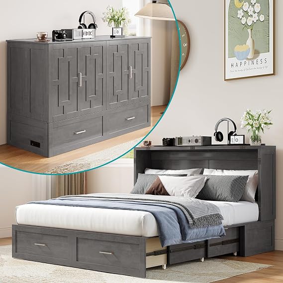 BALUS Murphy Bed Cabinet with Mattress, Cabinet Bed with USB Charger -Grey
