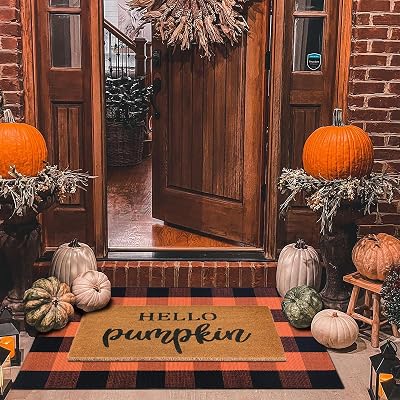 Fall Decor Door Mat Combo Set, 100% Coco Coir Welcome Mat  28 x 43 Inches Orange and Black Plaid Rug- Fall Thanksgiving Front Porch Entryway Floor Doormat, Indoor Outdoor Autumn Mats Hello Pumpkin