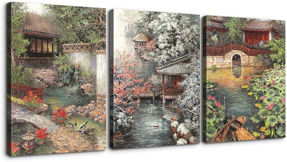 Denozer - 3 Piece Canvas Wall Art - Chinese Ancient Architecture Wall Decor for Living Room Bedroom Decoration, Stretched and Framed Ready to Hang - 32"x46"x3 Panels