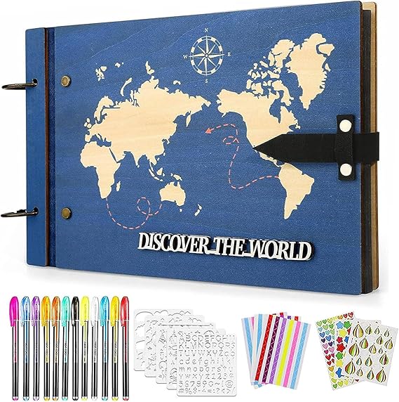 ZEEYUAN Fathers Day Gift From Wife/Daughter/Son Wooden Scrap Book Album World Map Travelling Journal Scrapbook Our Adventure Book, Scrapbooking Kits DIY Scrapbook Memory Photo Book for Couples