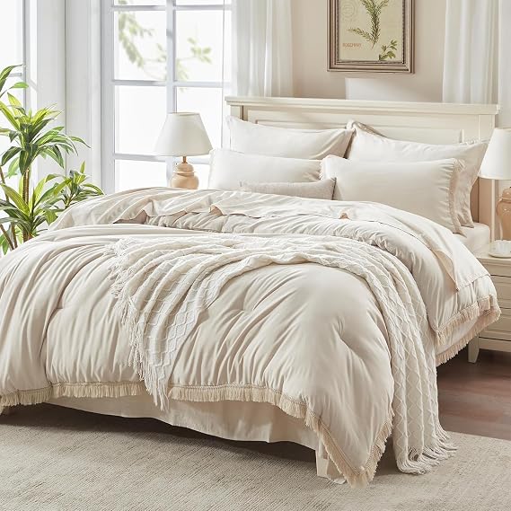 Andency Full Comforter Set, 7 Pieces Beige Bedding
