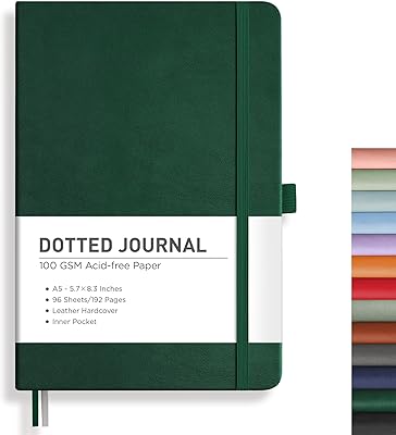 RETTACY Dotted Journal Notebook, 192 Pages, A5 Medium Size 5.7 x 8.3, Leather Hardcover, 100 GSM Thick Paper, for Journaling, Planning, Tracking Dark Green