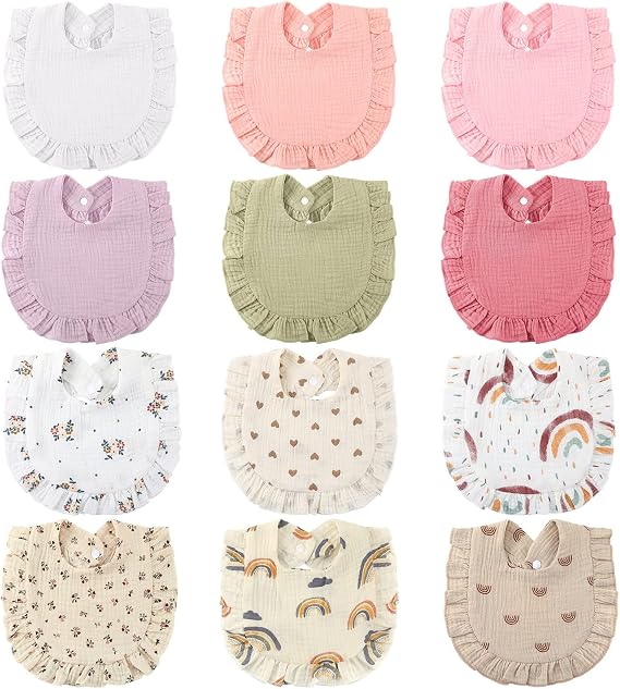 Geyoga 12 Pack Muslin Baby Bibs Adjustable Bandana Drool Bib for Unisex Cotton for Infants Boys Girls Teething