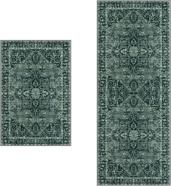 KOZYFLY 2 PCS Small Area Rug 2x3Ft, 2x6Ft Rugs for Entryway Washable Boho Entry Rug Non Slip Door Mat Indoor Entrance Faux Wool Vintage Printed Kitchen Rug Throw Rugs for Entrance Kitchen, Dark Green