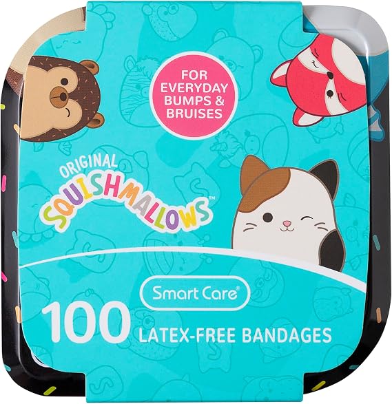 Smart Care Squishmallow Bandage Kit, Cute Bandages for Kids, Infants & Children, Latex-Free, Assorted Variety Pack with Travel Size Tin Case, 100CT