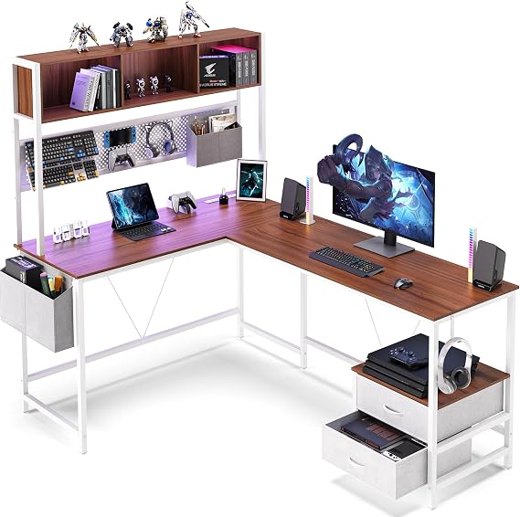 Dowinx L Shaped Desk with Pegboard and Drawers, Reversible 67 Gaming Desk with RGB Light and Power Outlet, Computer Corner Desk with Storage and Hutch for Game Office Home, Brown