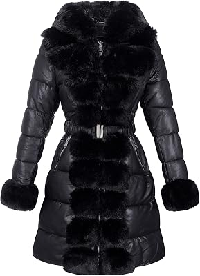 RISISSIDA Women Cold-resistant Winter Fur Lined Coat,Puffer Jacket with Long Fur Trim Hooded,Warm Leather Bubble Overcoat