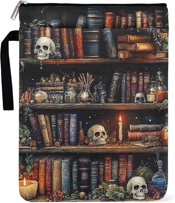 Goth Skull Book Sleeve for Book Lovers, Paperback Sleeve for Librarian Lovers Bookish Group Club Gifts for Women, Book Cover with Zipper and Handle for paperbacks 9 x 12 Inch