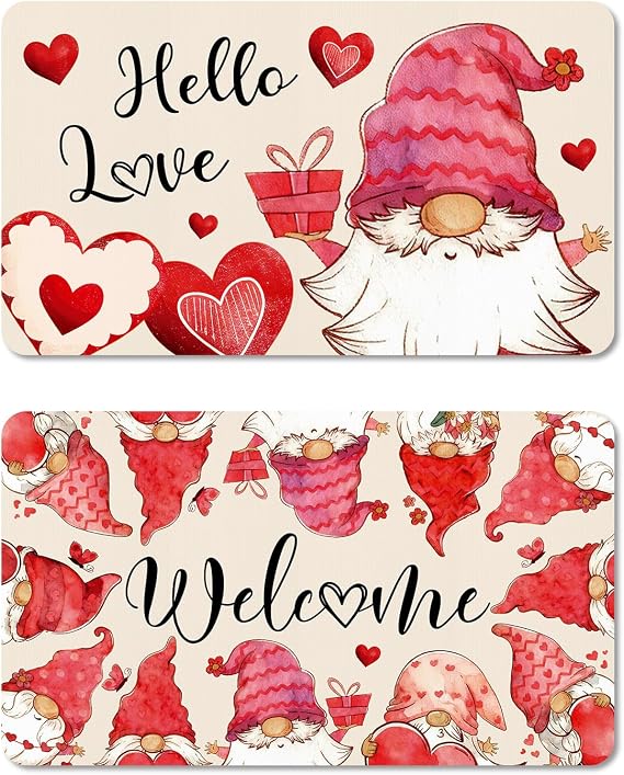 Valentines Day Door Mats Set of 2, Valentine Gnome Rugs with Welcome Hello Love, Non Slip Silicone Back with 8 Grips Pads Carpet Floor Mat for Home Entryway Decor 16x28 Inch