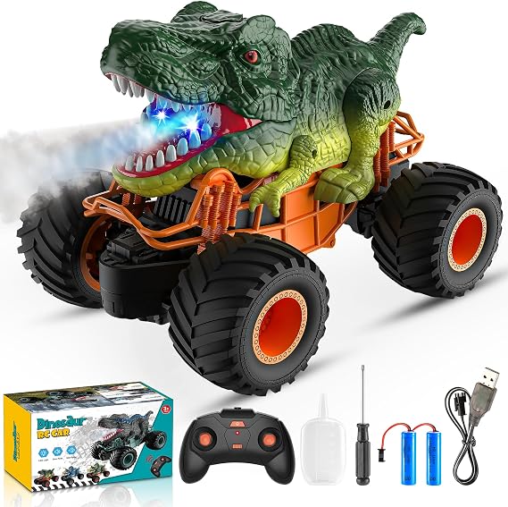 HappyGoLucky Dinosaur Remote Control Cars, 1:16 Scale Monster Truck Toy with Spray Roar LED Lights, 2.4GHz Rc Car Boys Toys Age 3-8, Kids Toy Gifts for 3-8 Year Old Boy Easter Gifts for Kids