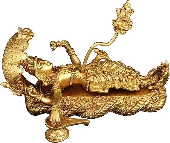 Exotic India 7" Shri Padmanabha Swamy Lord Vishnu Brass Statue Idol for Pooja Mandir Room, Temple, Office, Home Sculpture Showpiece