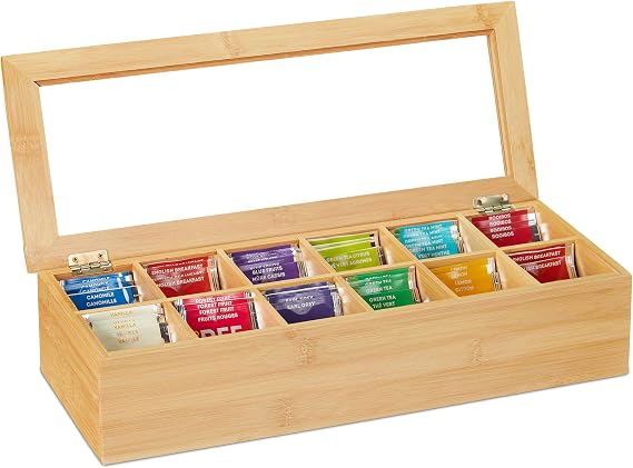 Relaxdays Bamboo Tea Box 12 Compartments Tea Box with Viewing Window Natural