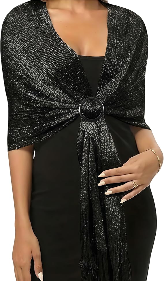 Sparkling Gold Metallic Shawls and Wraps with Buckle for Women- Ideal for Wedding, Evening Party Dresses, Bridesmaid,Elegant Tassel Design