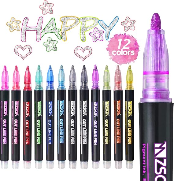 ZSCM QUALITY DECIDES THE FUTURE Stocking Stuffers, Shimmer Outline Glitter Markers, Chriatmas Stocking Stuffers Gifts Trendy Stuff,12 Super Squiggles Metallic Glitter Pens For Chriatmas Gifts