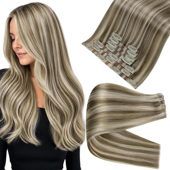 Full Shine Seamless Hair Extensions Clip in, Ash Brown Platinum Blonde