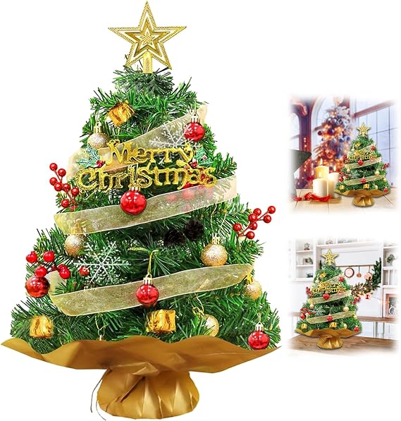 2FT/60CM Mini Christmas Tree Artificial Tabletop Xmas Tree with Hanging Balls and Ornaments for Christmas Decorations (Green)