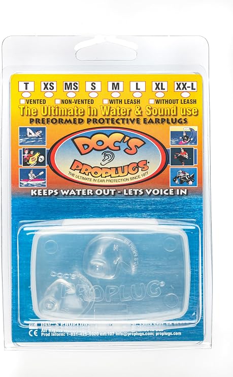 Medium Vented Docs Proplugs Clear Non-LEASHED Reusable Earplugs for Surfing, Swimming, Diving & Water Sports | Blocks Cold Water & Wind | Helps Equalize Pressure | Made in USA