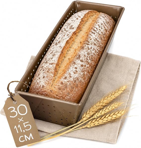 Birkmann Loaf & Seele Perforated Bread Baking Tin 30 cm Baking Mould for Small Breads Bronze-Coloured Carbon Steel with Non-Stick Coating and Recipe Idea via QR Code 210523