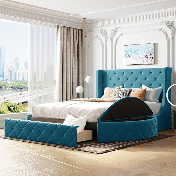 Upholstered Round Bed Frame with Side Storage, Footrest Storage and Button Tufting, Headboard and Footrest, Queen Bed, Blue