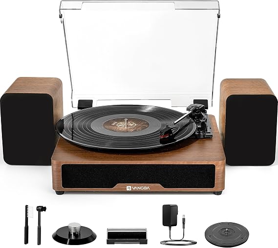 Vangoa Vinyl Record Player with External Speakers, 3 Speed Belt-Drive Turntable for Vinyl Records, Portable Bluetooth LP Players, Walnut Wood Vintage Record Player for 33/45/78 RPM, Auto Stop