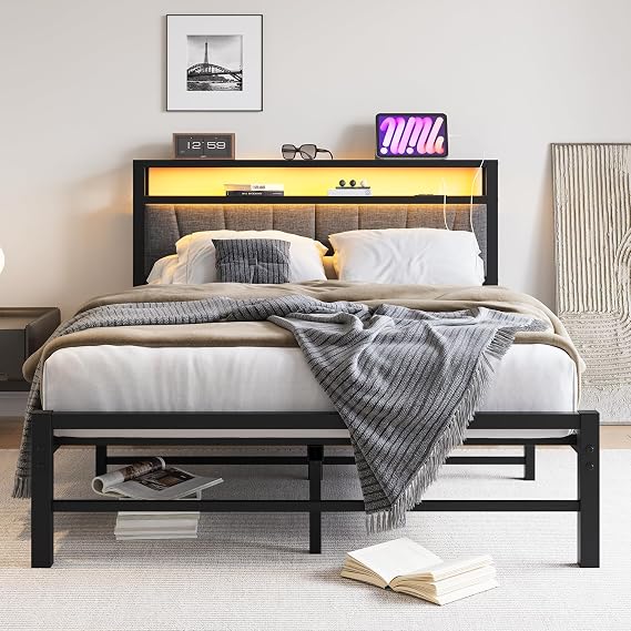 Double Bed Frame with Storage and LED Lights,4ft6 Metal Platform Bed Frame Double Size Bed Base with Charging Station,Mattress Base,Strong Slats Support,Under-bed Storage,Noise Free,Grey