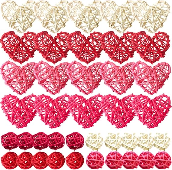 40pcs Natural Rattan Hanging Ornaments, Heart & Round Shaped Wicker Balls for Valentine's Day, Baby Shower, Wedding Party Decorations