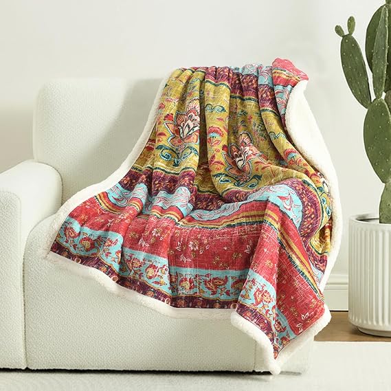 Boho Floral Sherpa Throw Blanket, Reversible Flannel Print & Soft Sherpa, Cozy Fleece Blanket - Red Bohemian throw for Sofa, Couch, Bed, Home Decor