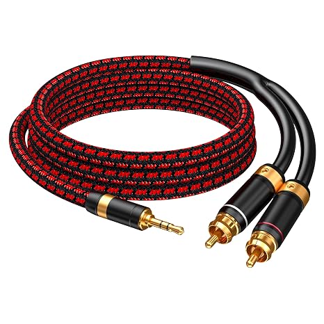 3.5mm to 2 RCA Audiophile Audio Cable Stereo Braided Gold Plated Oxgen-Free Copper Core for Smartphones Tablets Speakers Home Theater (Straight 3.5mm, 9.8FT)