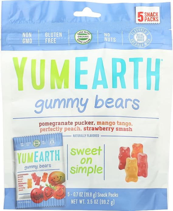 YumEarth Gluten Free Gummy Bears, Assorted Flavors, 99 grams, 5 Snack Packs Per Bag
