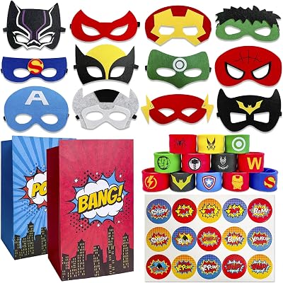 48Pcs Superhero Party Favor Supplies - Masks&Slap Bracelets Candy Bags&Superhero Stickers Gifts for Kids Birthday Superhero Themed Party Favors Birthday Decorations