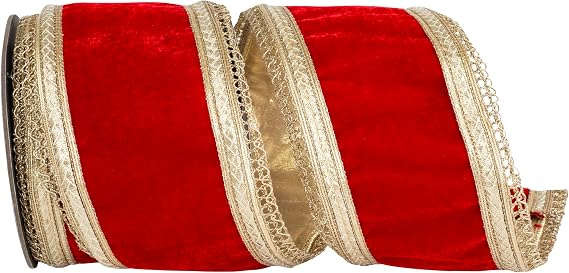 Ribbon - Opulent Trim Plush Velvet Deluxe Gold Backed Wired Edge, Red/Gold, 4 Inch, 5 Yards