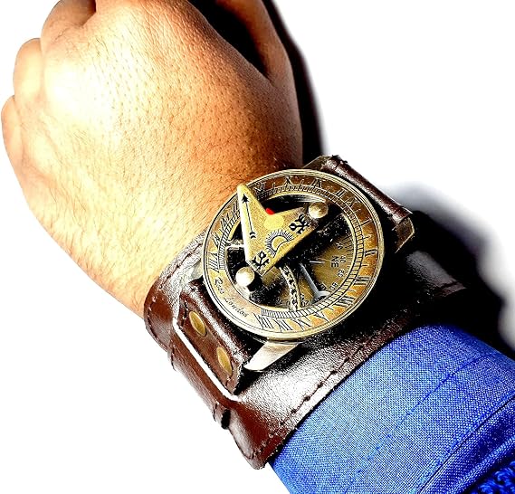 2 Inch Handmade Brass Compass Sundial Wrist Watch - Antique Style Steampunk Wrist Brass Compass Sundial Watch with Leather Strap Sundial Gift