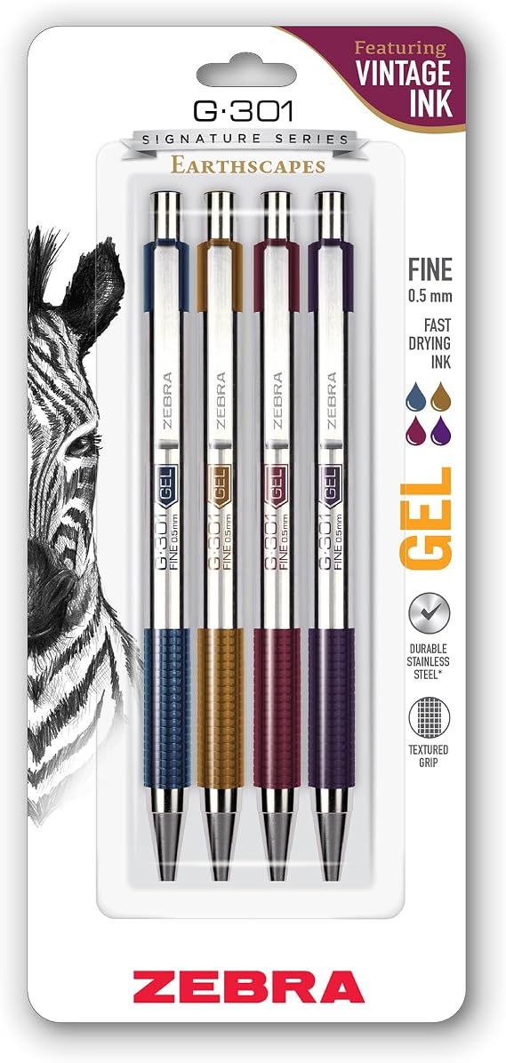 Zebra Pen G-301 Signature Series Retractable Gel Pen, 0.5mm Fine Point, Stainless Steel Barrel with Textured Grip, Assorted Vintage Ink Colors Indigo, Butterscotch, Cherrywood and Plum, 4-Pack (47304)