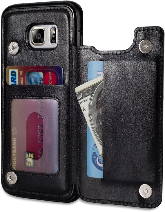 UEEBAI Case for Samsung Galaxy S7, Luxury PU Leather Case with [Two Magnetic Clasp] [Card Slots] Stand Function Durable Shockproof Soft TPU Case Back Wallet Cover for Samsung Galaxy S7 - Black