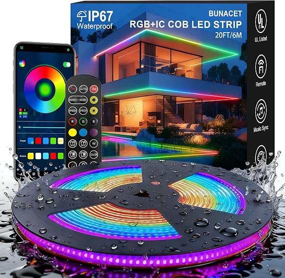 20FT COB RGB+IC LED Strip Lights, IP67 Outdoor 24V RGB LED Lights | for Bedroom with Remote Smart App Music Sync Color Changing for Garden Outdoor Decor Pool Patio Party DIY Decoration