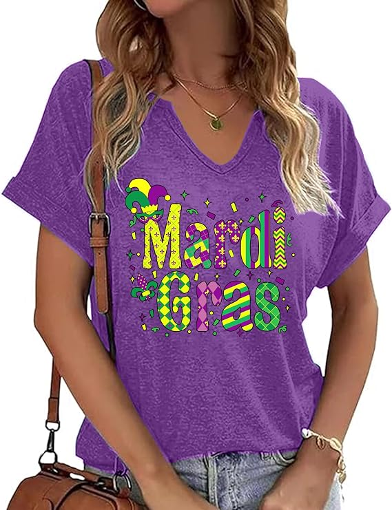 Women Funny Carnival Outfits T Shirts New Orleans Party V Neck Short Sleeve Tee Tops