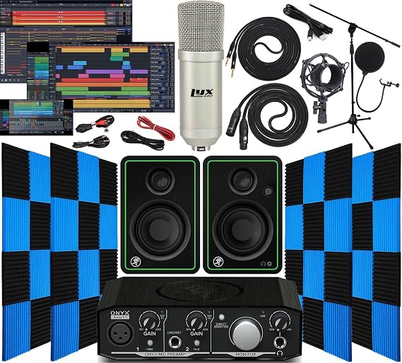 Mackie Onyx Artist 1-2 Audio/Midi interface With Pro Tools First Software Studio Bundle with CR3-X Pair Studio Monitors, 24 Pack Acoustic Soundproof Studio Foam Wedges Sound Insulation Panels