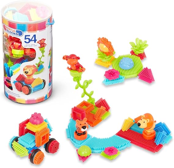 Battat Bristle Blocks Jungle Adventures, 54-Piece STEM Building Set | STEM interlocking stacking blocks with toy animals, flowers, wheels, and reusable storage bucket for pretend play, 2+ Years