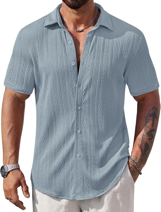 VOGSTART Mens Casual Textured Shirts Summer Knit Button Tops | Vacation, Knitted, Fashion, Beach, Hawaiian, Camp, Button Down, Short Sleeve, Collar, Slim Fit,