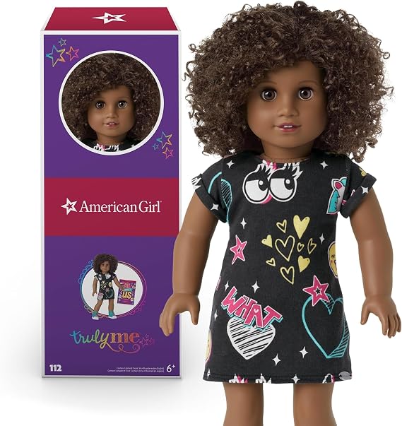 American Girl Truly Me 18-inch Doll #112 with Brown Eyes, Dark-Brown Hair, Deep Skin, Black T-shirt Dress, For Ages 6+